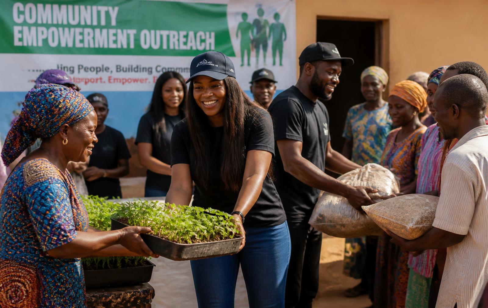 YP4T volunteers handing seedlings and grain to community members in Nigeria